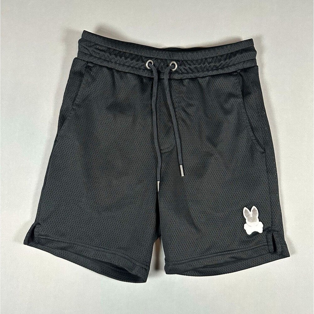 Psycho Bunny Men's Black Mesh Drawstring Shorts w/ Pockets Logo Solid